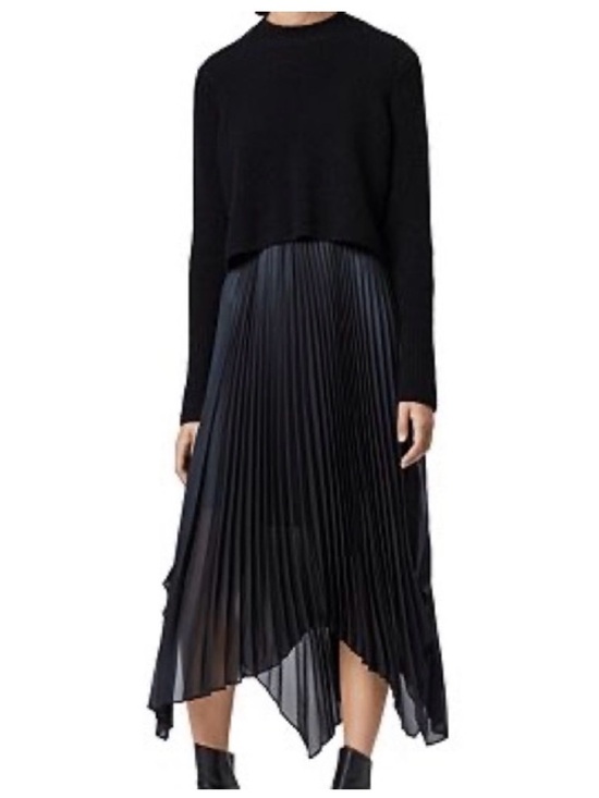 All Saints Lerin Women Black Asymmetric Midi Maxi Dress Size M Pleated Metallic - Picture 4 of 14